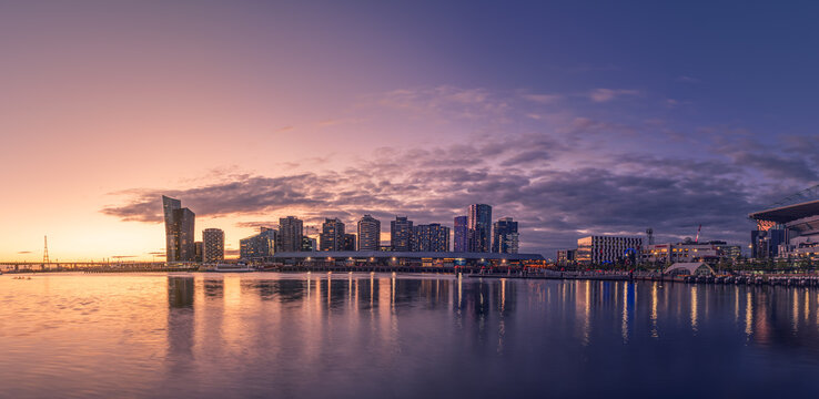 Melbourne docklands skyline at sunset