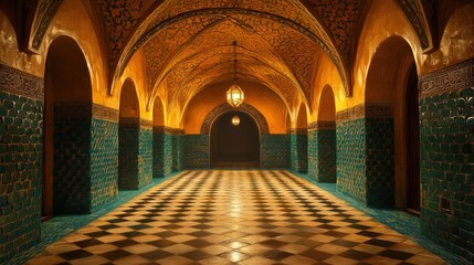 Ornate hallway with  gold arches, teal tiles, and  chequered floor