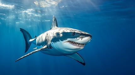 Fototapeta premium Great White Shark: Underwater Predator, Ocean Wildlife, Marine Animal Photography