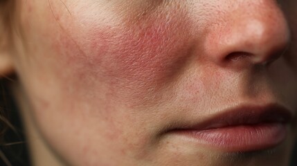 Fototapeta premium Close up of a person's face showing skin irritation and redness around the cheek and nose area