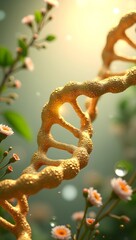 Obraz premium A golden DNA strand intertwines with delicate flowers and leaves, bathed in warm light. The background creates a mystical and serene atmosphere.