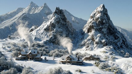 Snowy mountain range with cozy huts