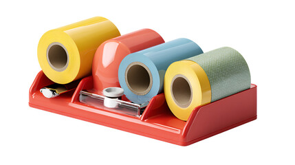 Colorful tape rolls in red dispenser organized workspace