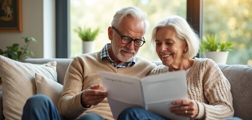 Elderly couple sits comfortably on sofa reviewing brochure. Man with glasses points to document, woman nods. They share a happy moment discussing retirement options and finances at home.