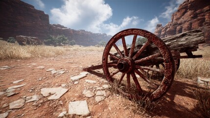 Fototapeta premium Aged wagon wheel in a desert canyon