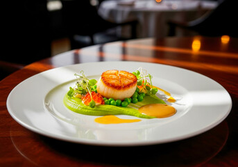 Seared scallop with pea puree and caviar seafood