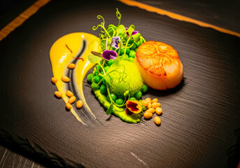 Seared scallop with pea puree and saffron sauce image