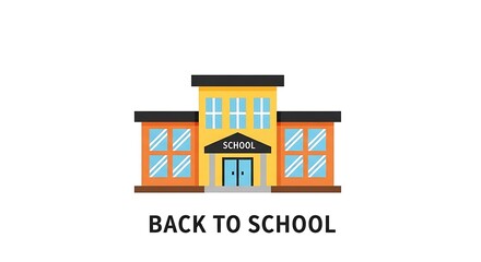 Cartoon style school building with windows and doors under a school sign on a white background