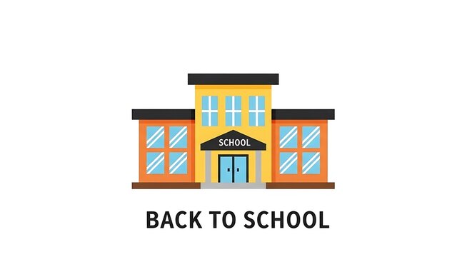 Cartoon style school building with windows and doors under a school sign on a white background - Powered by Adobe