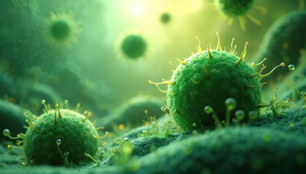 Microscopic view of green virus cells bacteria. Spherical biological organisms feature spiky protrusions, subtle glowing effects. Background shows blurred, otherworldly landscape, emphasizing