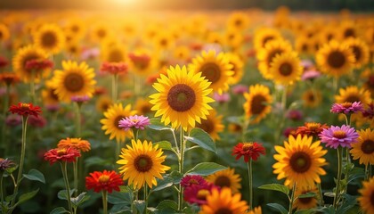 Obraz premium Vibrant sunflower field under golden hour sunlight. Close-up of bright yellow sunflowers and colorful zinnia flowers. Nature garden scene with green leaves, red, pink, orange petals.