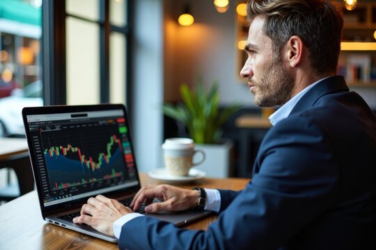 Stockbroker trading on laptop at café with stock market ticker on screen and coffee cup beside him. - Powered by Adobe