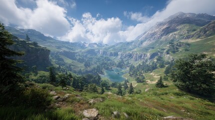 Fototapeta premium Mountain valley vista, lush greenery, tranquil lake