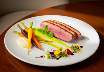Sliced duck breast with colorful carrots and edible flowers pink medium