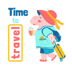 Summer postcard: Cute pink hippo is traveling with luggage. Text is Time to travel. Travel and vacation concept posters. Summer cartoon illustration for children, postcards, posters and seasonal