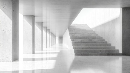 Obraz premium Minimalist White Concrete Staircase and Hallway Interior