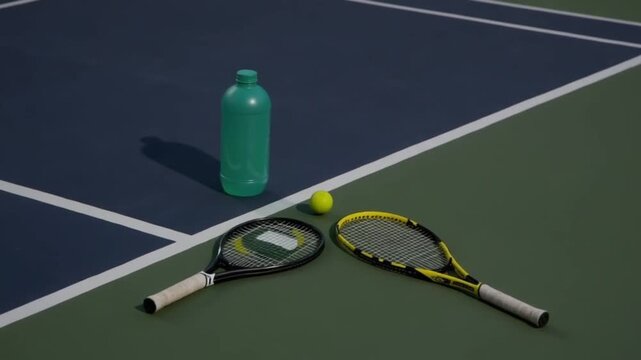 Tennis court scene featuring rackets, ball, and water bottle for hydration break