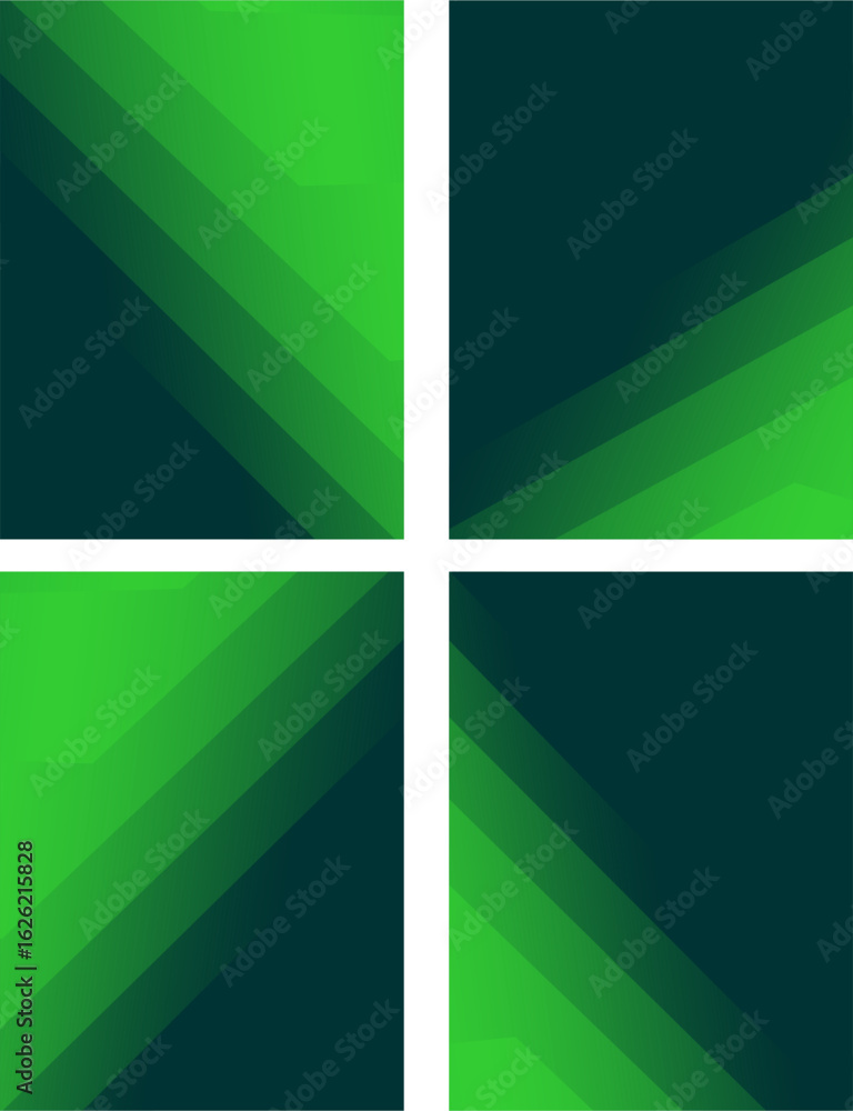 Poster abstract collection of four inspired geometric gradient vector patterns in green and dark blue.