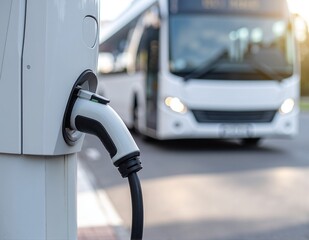 A large, bright yellow bus is parked alongside a sleek, modern electric vehicle, showcasing a contrast between traditional and eco-friendly transportation.