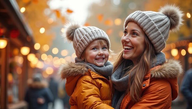 Joyful mother and child share happy moment at autumn market, surrounded by twinkling lights and falling leaves. They wear warm winter hats and coats, embodying family togetherness and holiday spirit.