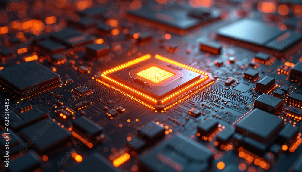 Poster futuristic quantum computing chip with glowing circuitry. abstract digital visualization of advanced