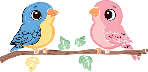 Obraz premium Two adorable cartoon birds one blue and one pink perched together on a branch