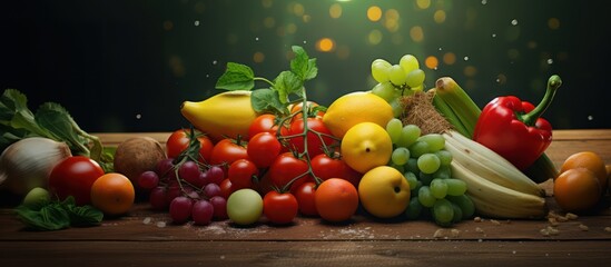 dark green wooden background, assortment of fresh organic fruits and vegetables, tomatoes, peppers, lettuce, carrots, apples, grapes, pears, blurred bokeh lighting, vibrant colors, high-quality, detai