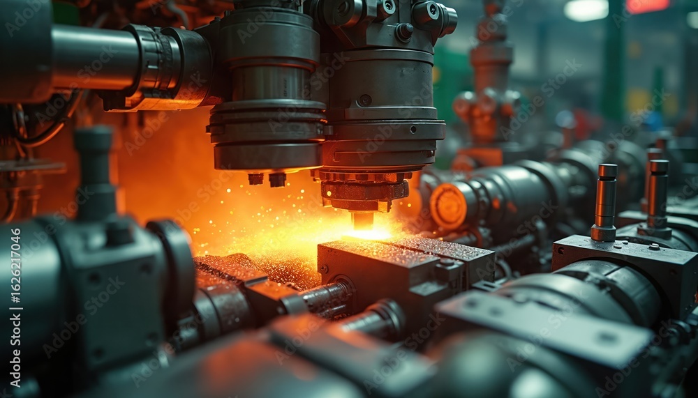 Poster industrial machinery operates with precision metalwork, generating sparks from high-temperature proc