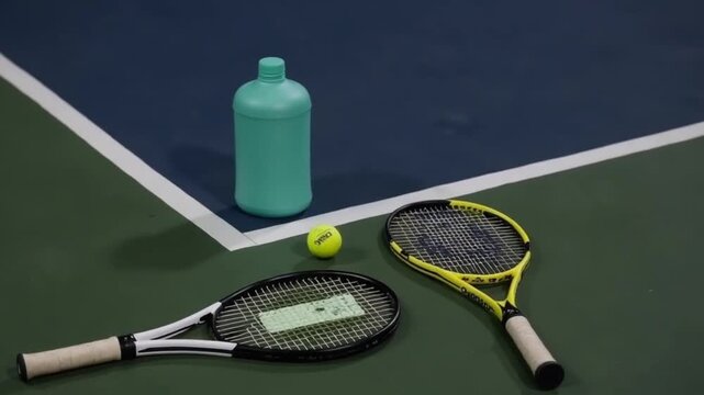 Tennis equipment on a court with rackets, ball, and a turquoise water bottle placed together
