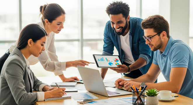 Diverse team collaborating on financial data business meeting