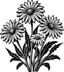 A vector floral pattern with black and white flowers, leaves, and branches for a decorative spring design