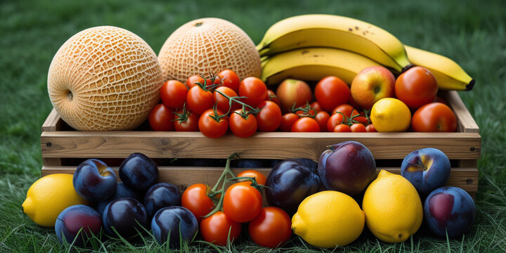 Assorted Fresh Fruits and Vegetables in Wooden Crate cantaloupe honeydew