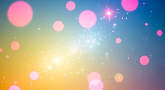 Abstract digital art background with sparkling stars and pink circles on colorful sky