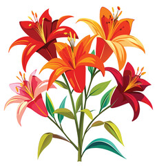 Floral vector illustration of a beautiful bouquet of red lilies with green leaves and a delicate spring pattern