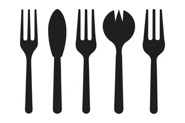 Set of black silhouette icons representing cutlery, including forks, a knife, and a spoon, arranged in a row, commonly used for dining, food service, or restaurantrelated themes