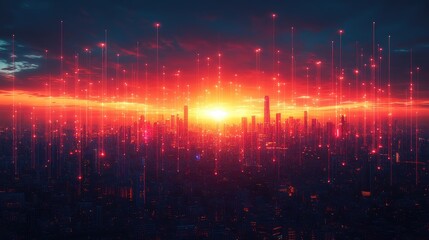 Fototapeta premium Futuristic Cityscape at Sunset with Digital Network