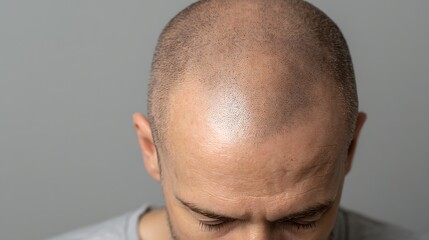 Naklejka premium Close up of a bald man with his hands on his head looking down in a studio setting with a neutral background