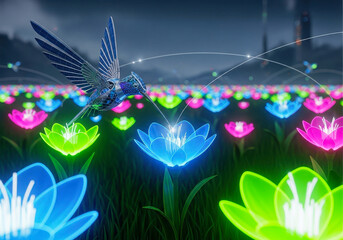 Mechanical hummingbird hovering over glowing neon flowers robotic