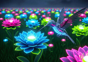 Mechanical hummingbird drinks from glowing blue flower robotic luminous