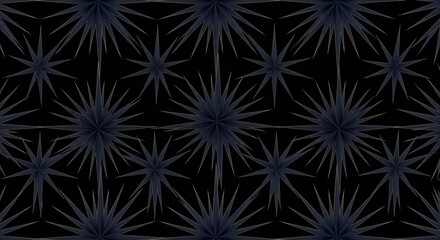 Abstract repeating pattern featuring starburst designs in dark blue on black background