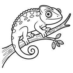 Curious Chameleon on Branch – Reptile Line Art Coloring Page