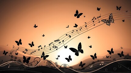 Melodic Butterflies at Dusk. Silhouetted butterflies dance around flowing musical notes, set against a warm, glowing sunset. 