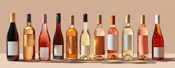 Row of wine bottles in various colors