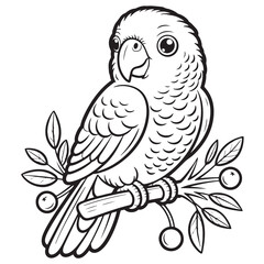 Cute Parrot on Branch – Tropical Bird Line Art Coloring Page