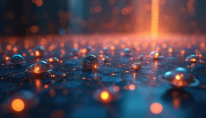 Abstract digital network visualization. Branching lines connect glowing nodes within a tech environment. Orange light beams through blue circuits, suggesting data flow and innovation.