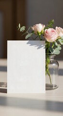 Elegant Pink Rose Flowers in Glass Vase with White Card on Light Surface Mockup