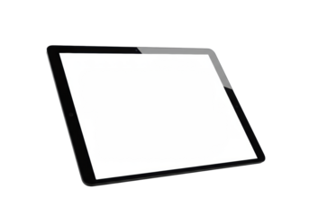 Pristine, sleek black tablet with a blank luminous white screen, isolated on an infinite transparent studio background, ultra-soft lighting, concept of clean canvas and potential