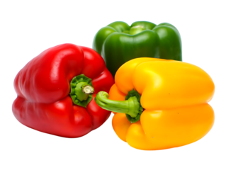 Png three bell peppers in red, green, and yellow isolated on transparent background, a vibrant and healthy addition to any culinary creation transparent background