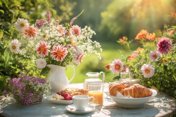 Garden Breakfast in Summer Morning