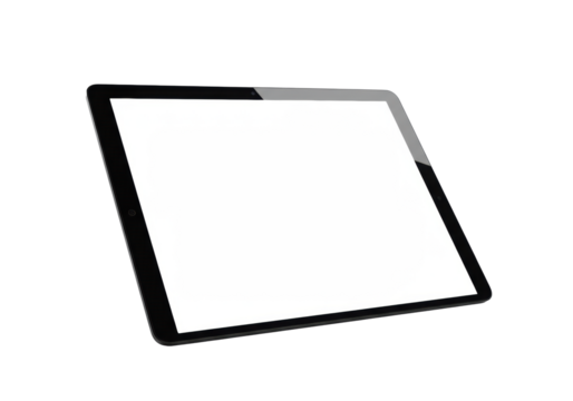 Pristine, sleek black tablet with a blank luminous white screen, isolated on an infinite transparent studio background, ultra-soft lighting, concept of clean canvas and potential